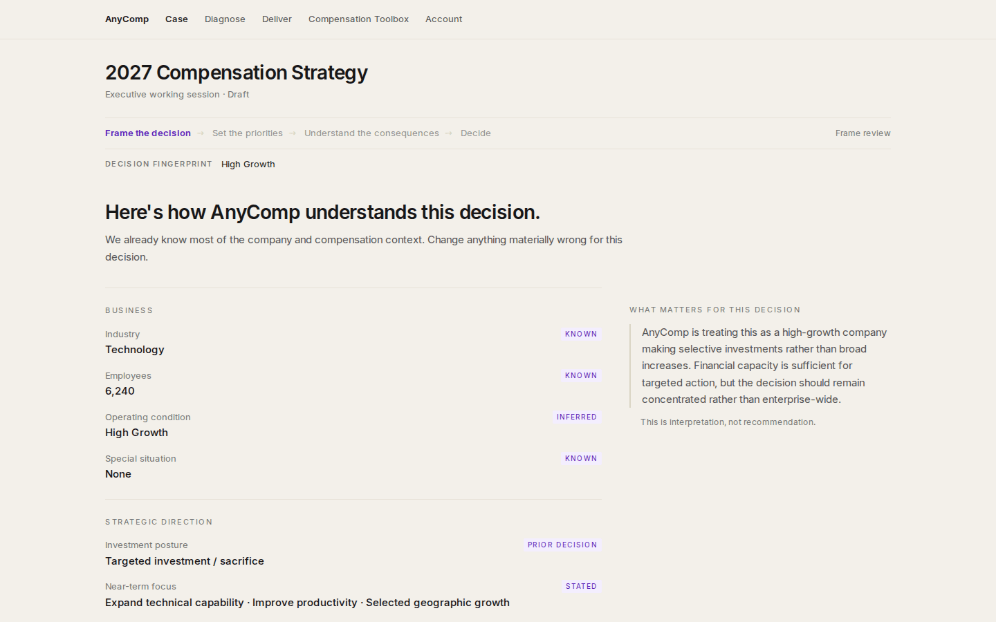 A living decision brief around a Decision Case. `/anycomp/case` live (2026-09-29); persistence still in progress.