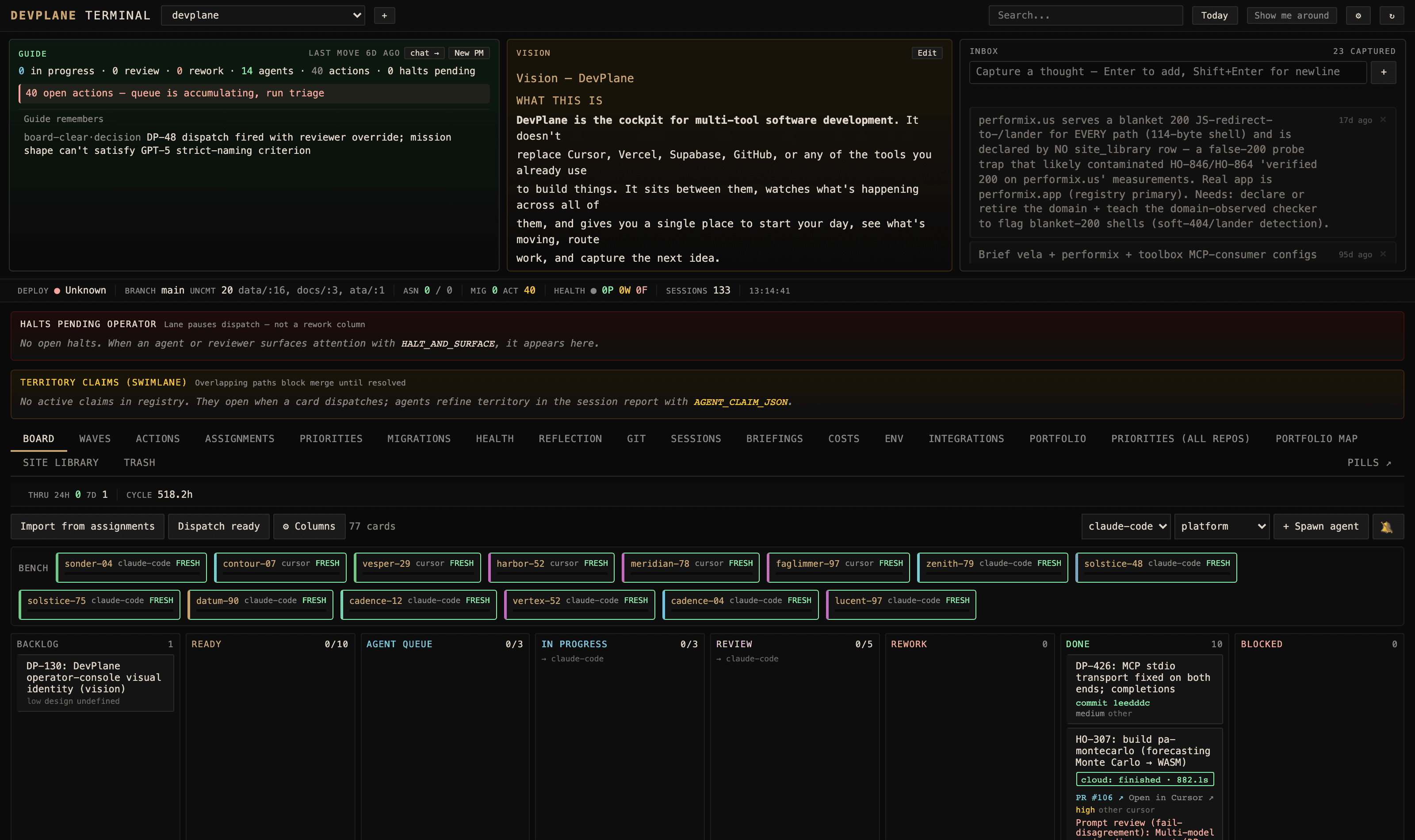 The conductor cockpit, live — Guide, Vision, capture inbox, agent bench, and the dispatch board, operating on a real repo (August 2026).