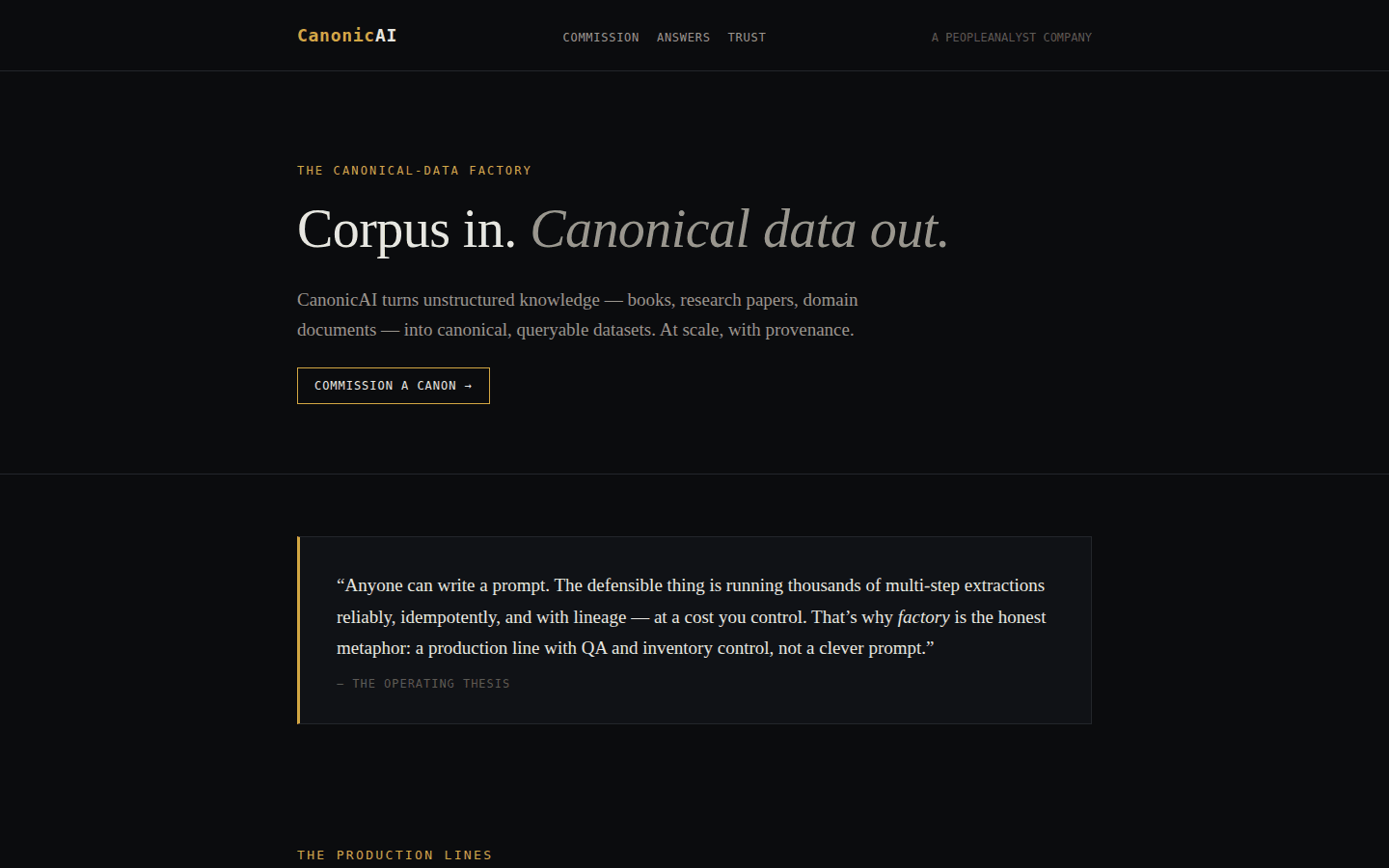 CanonicAI — corpus in, canonical data out; the public face of the engine at canonicai.com.