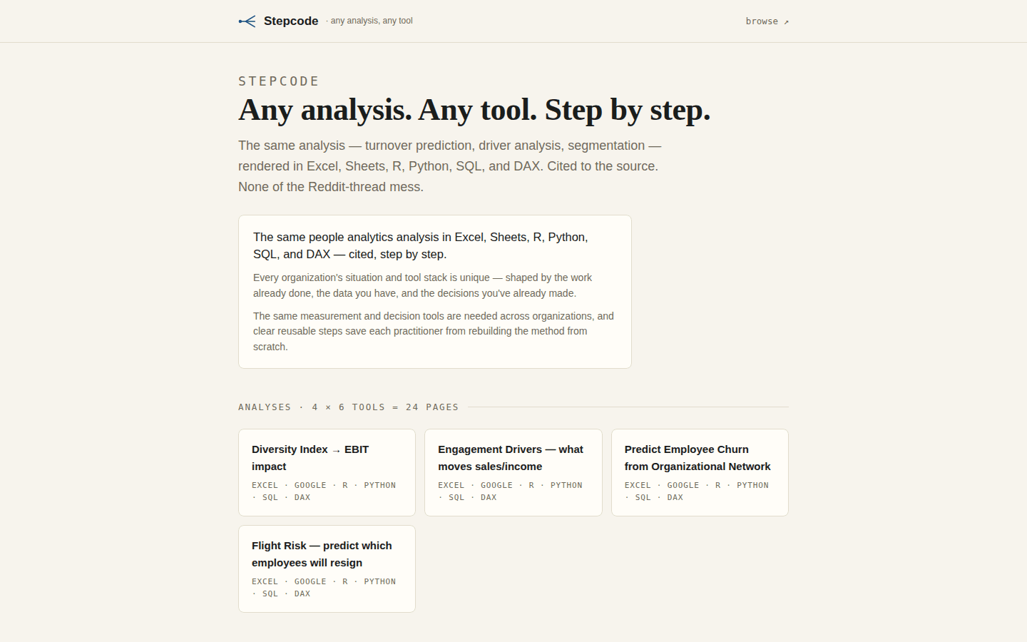 Stepcode — any analysis, any tool, step by step, cited to the source (2026-09-29).