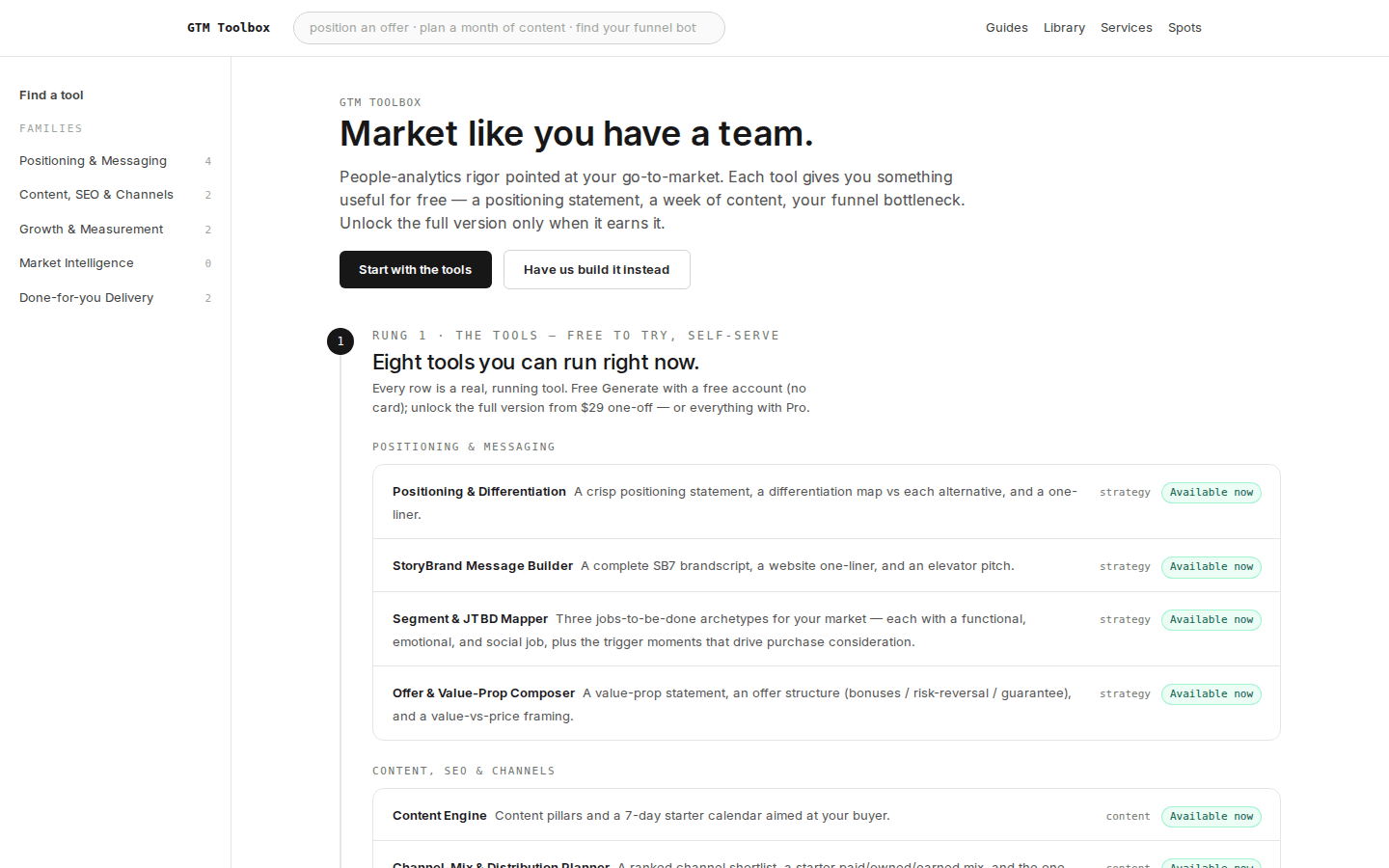 GTM Toolbox — the most-developed toolbox besides People Analytics and Compensation, which keep their own cards (2026-09-29).