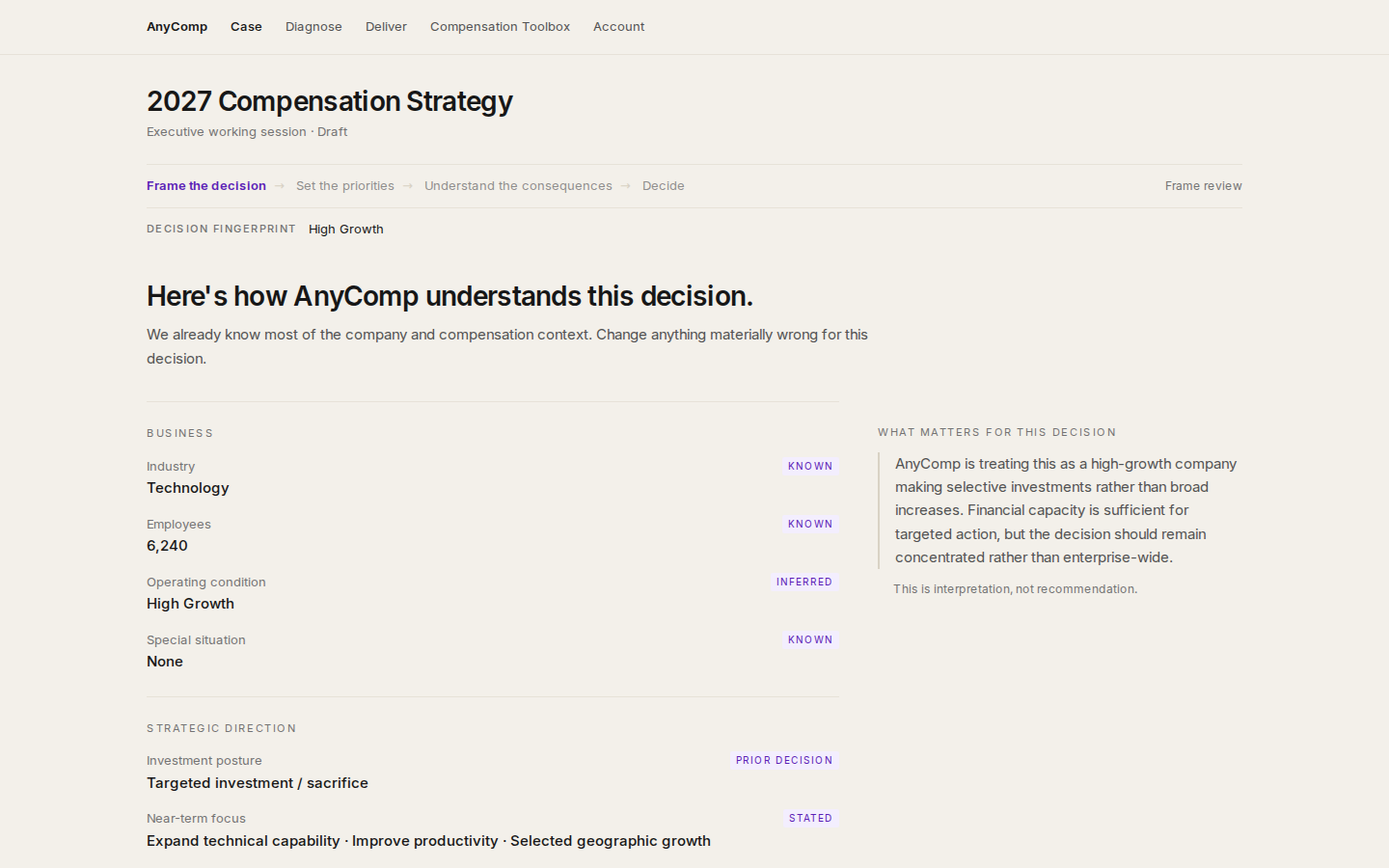 A living decision brief around a Decision Case. `/anycomp/case` live (2026-09-29); persistence still in progress.