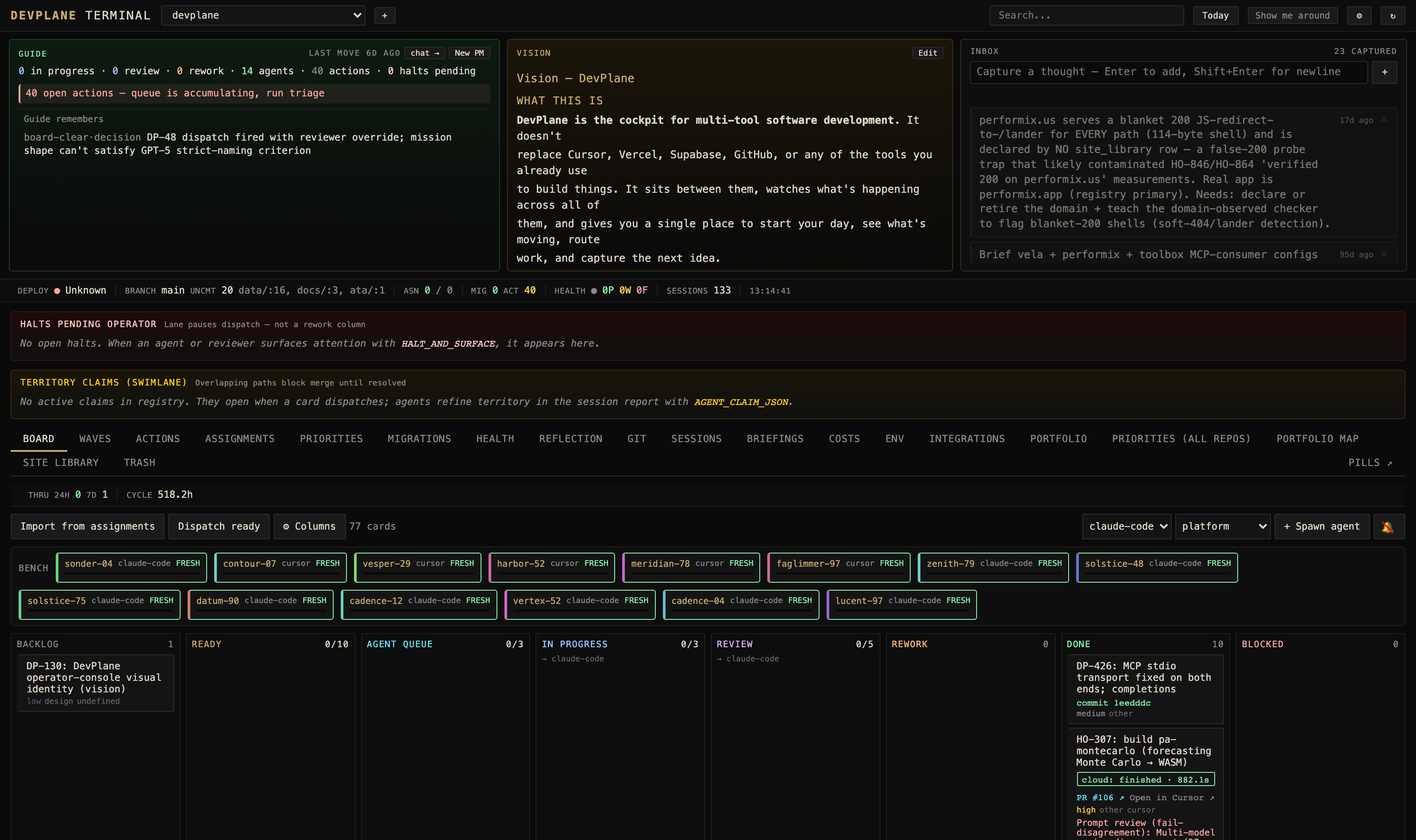 The conductor cockpit, live — Guide, Vision, capture inbox, agent bench, and the dispatch board, operating on a real repo (August 2026).