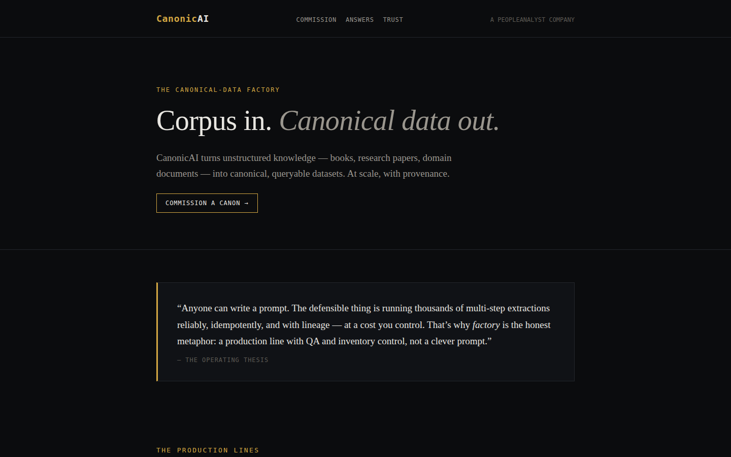 CanonicAI — corpus in, canonical data out; the public face of the engine at canonicai.com.