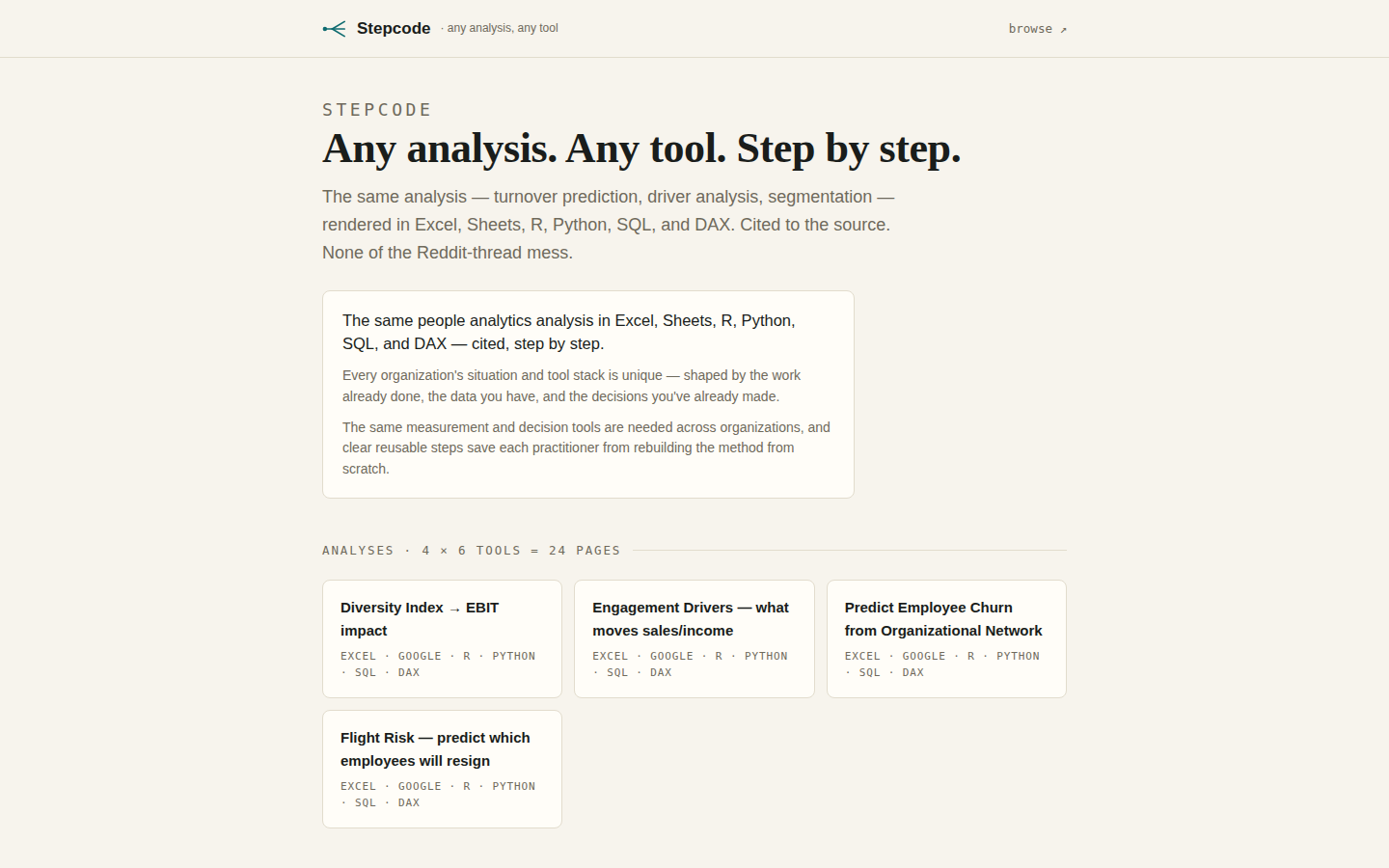 Stepcode — any analysis, any tool, step by step, cited to the source (2026-09-29).