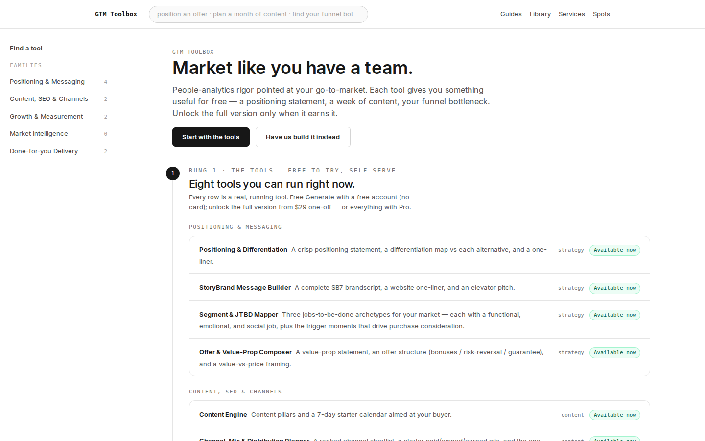 GTM Toolbox — the most-developed toolbox besides People Analytics and Compensation, which keep their own cards (2026-09-29).