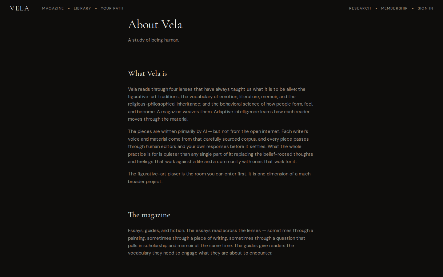 About — what Vela is for (2026-09-29)
